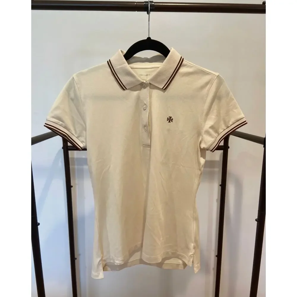 Tory Burch Classic Tech Pique Polo Shirt in Sesame Cream size S small